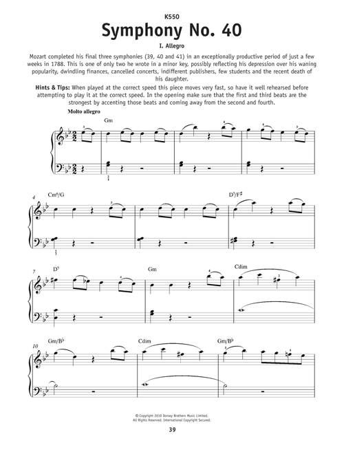 Symphony No. 40 In G Minor, First Movement Excerpt - Wolfgang Amadeus Mozart (Really Easy Piano)