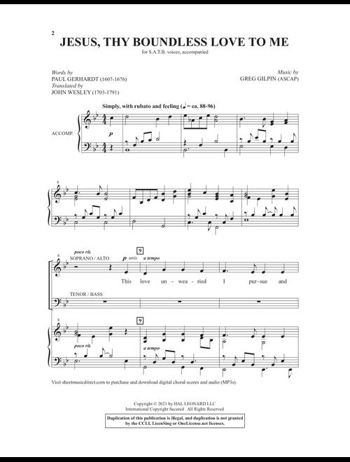 Jesus, Thy Boundless Love To Me - Paul Gerhardt, Greg Gilpin, John Wesley (Choral, SATB)