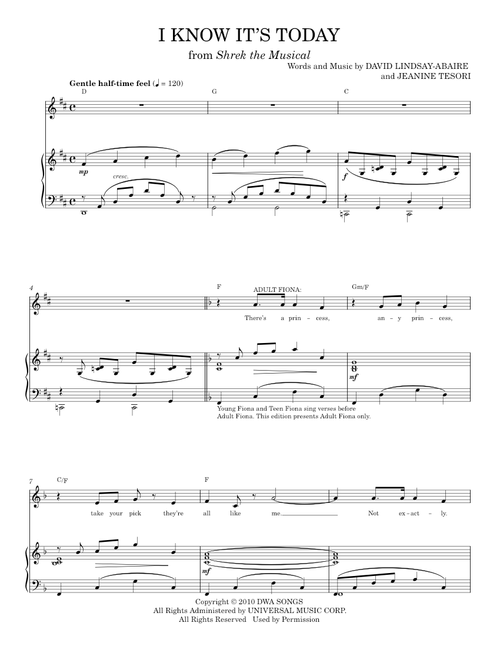 I Know It's Today - Shrek The Musical (Piano Vocal)