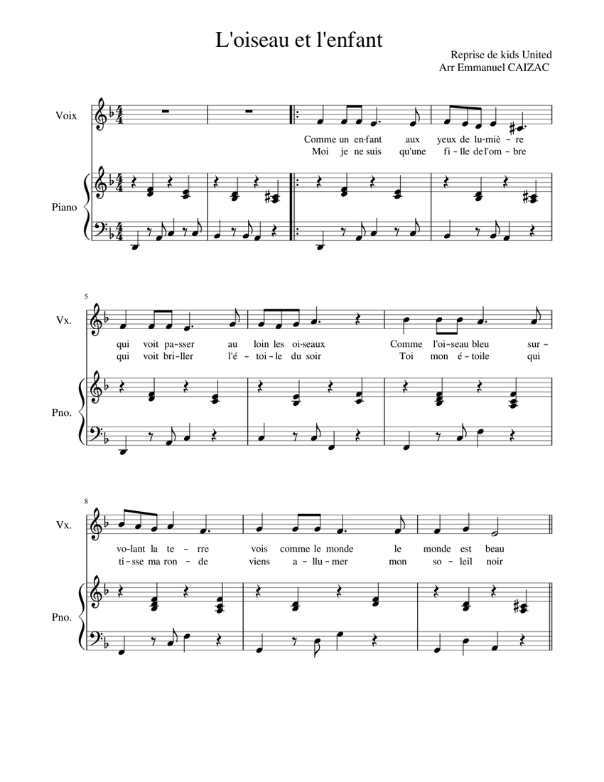 L Oiseau Et L énfant Paroles Pdf L oiseau et l enfant Sheet music for Piano, Vocals (Piano-Voice) |  Musescore.com