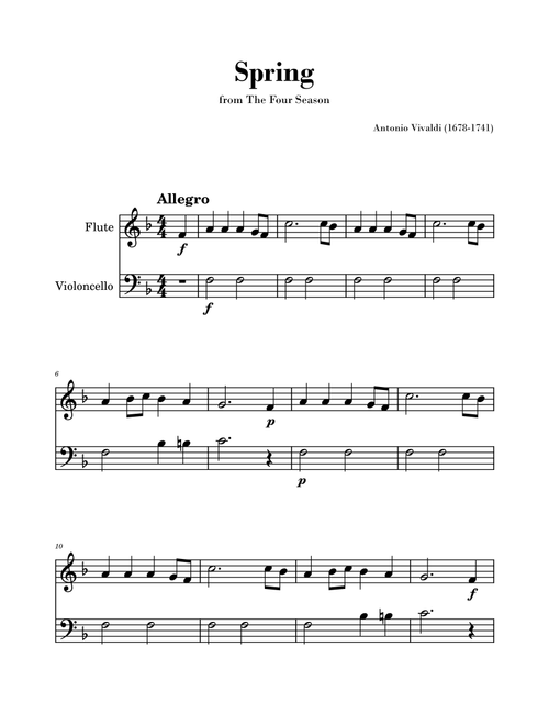 Spring from 'The Four Seasons' by Vivaldi - Easy Flute and Cello Duo (Arr. Gisele Sant'Ana) - Antonio Vivaldi (Instrumental Duet)