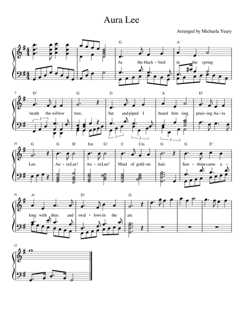 Aura Lee (Arr. Michaela Yeary) (Piano Vocal)