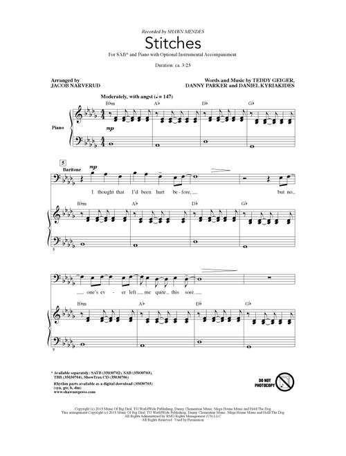 Stitches (arr. Jacob Narverud) - Shawn Mendes, Teddy Geiger, Danny Parker (Choral, SAB)