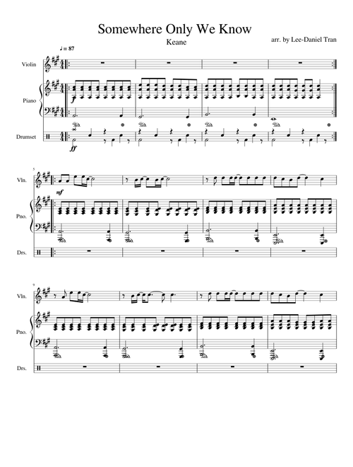 Somewhere Only We Know by Keane for Violin, Piano, and Drums