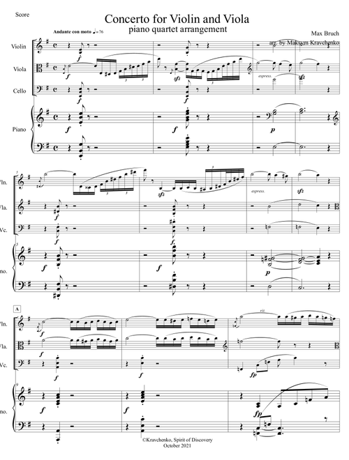 Max Bruch - Double Concerto in E minor, Op.88 arr. for piano quartet (Arr. Maksym Kravchenko) (String Ensemble)
