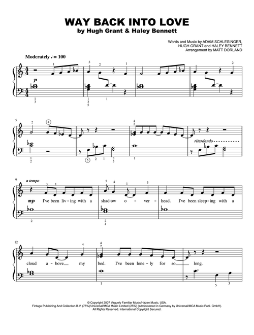 Way Back Into Love (Arr. Matt Dorland) - Hugh Grant And Haley Bennett (Easy Piano)