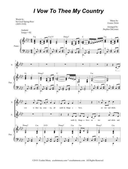 I Vow To Thee My Country (Duet for Soprano and Alto solo) (Arr. Stephen DeCesare) (Voice Duet and Piano)