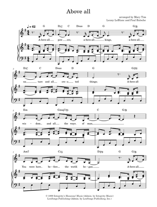 Above all – Paul Baloche sheet music arranged by Mary Elizabeth Tim