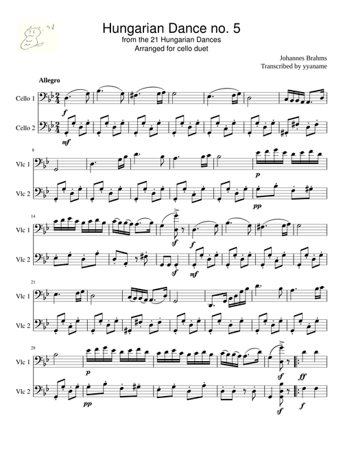 Brahms Hungarian Dance no 5 Cello Duet