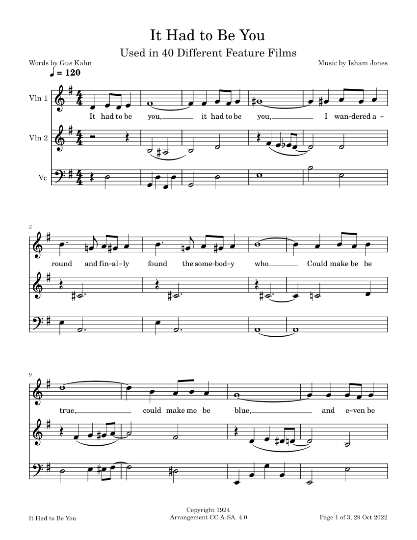 It Had To Be You – Isham Jones Sheet music for Violin, Cello (String ...