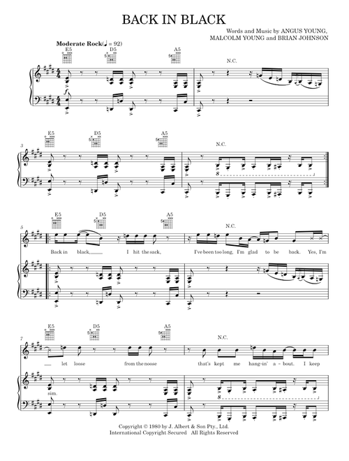 Back in black - AC/DC (Piano-Vocal-Guitar)