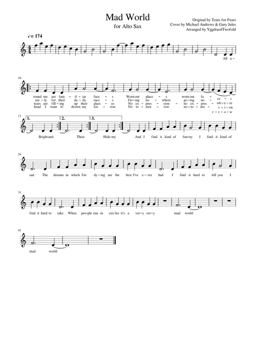Mad World (Michael Andrews & Gary Jules Cover) for Alto Saxophone