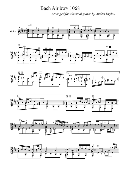 Air on the G String (Suite No. 3, BWV 1068 by J. S. Bach) arranged for classical guitar in D major b (Arr. Andrei Krylov) - Johann Sebastian Bach (Solo Guitar)