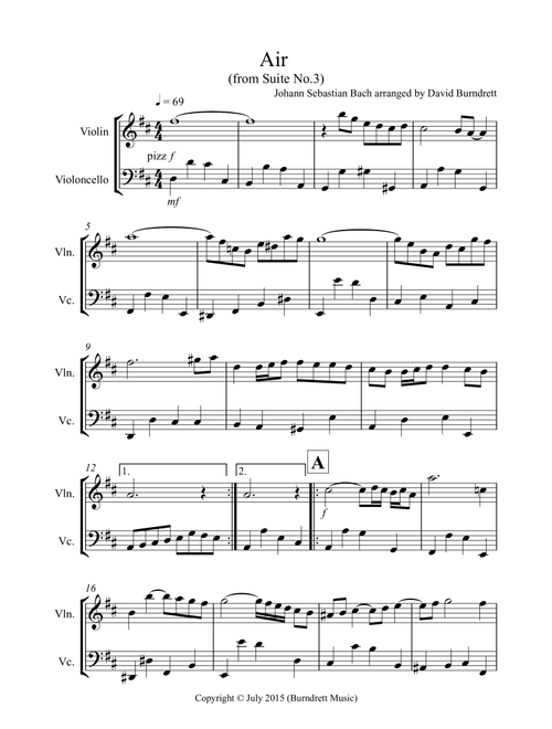 Air on the G String – Violin & Cello Duet (Easy, Both Parts Share the Melody) (Arr. David Burndrett) - Johann Sebastian Bach (Instrumental Duet)