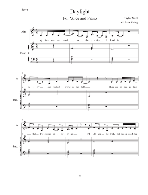 Daylight (Arr. Alex Zhang) - Taylor Swift (Piano-Vocal-Guitar (Piano Accompaniment))