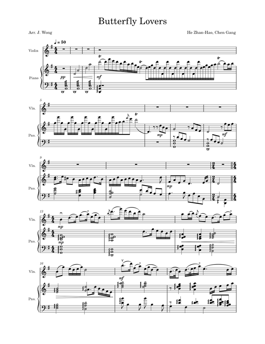 梁祝 陈钢, 何占豪 Butterfly Lovers Violin Concerto Sheet music for Piano, Violin (Mixed Duet