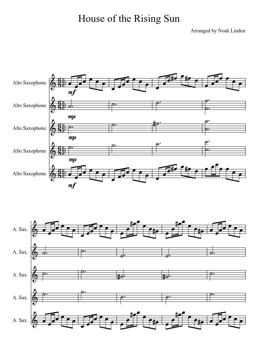 House Of The Rising Sun Sheet music for Saxophone alto (Saxophone Ensemble)  