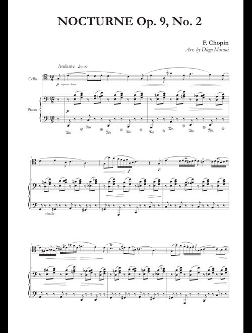 Nocturne Op. 9, No. 2 for Cello and Piano (Arr. Diego Marani) - Frederick Chopin (Cello and Piano)