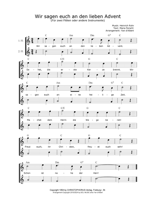 Wir sagen euch an den lieben Advent (Arr.: Yan d'Albert) (Flute Duet)