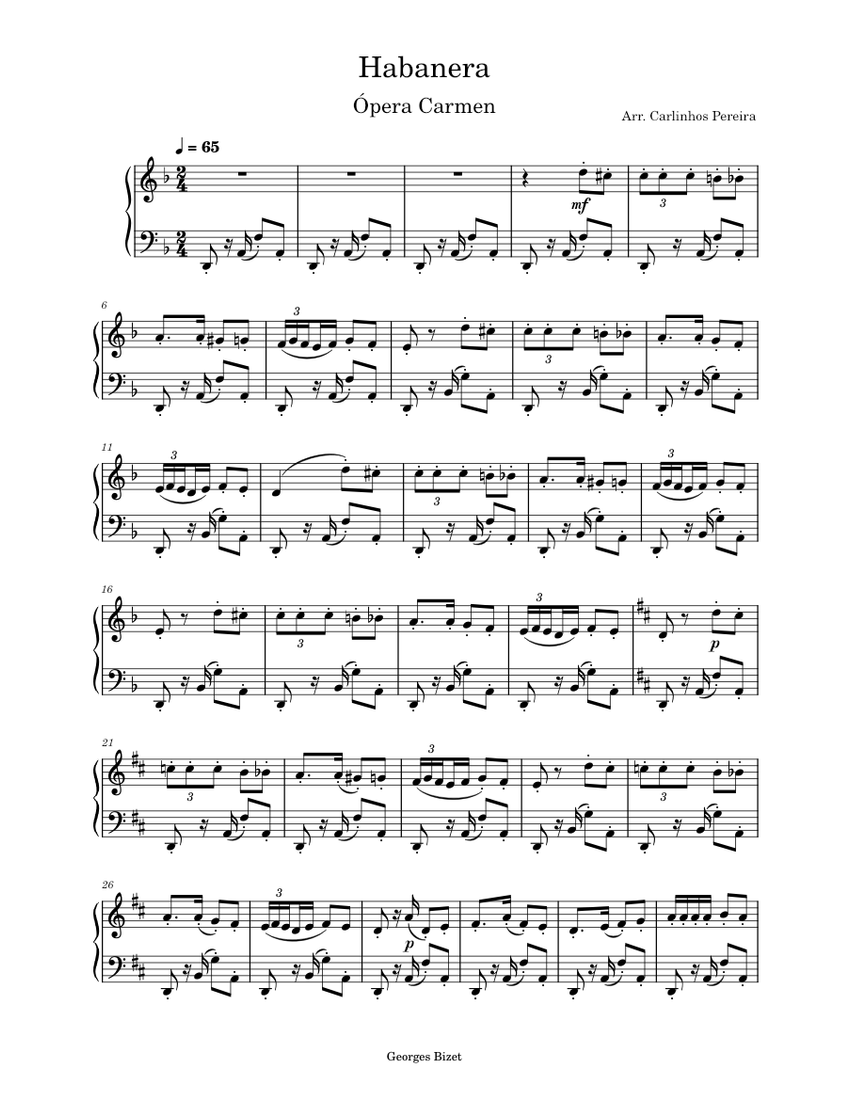 Habanera (Carmen) – Georges Bizet Sheet Music For Piano (Piano Duo ...