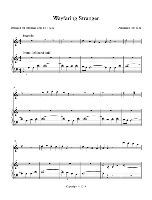 Wayfaring Stranger for left hand only (Arr. Jeanne Allie) - American Folk Song (Instrumental Duet)