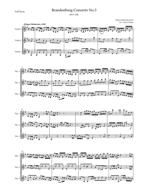 Brandenburg Concerto No. 3 in G major, BWV 1048 1st Mov. (J.S. Bach) for Violin Trio (Arr. Victor Drake) - Johann Sebastian Bach (String Ensemble)