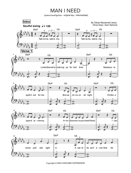 Man I Need (Arr. HarperPianoSheets) - Olivia Dean (Piano-Vocal-Guitar (Piano Accompaniment))