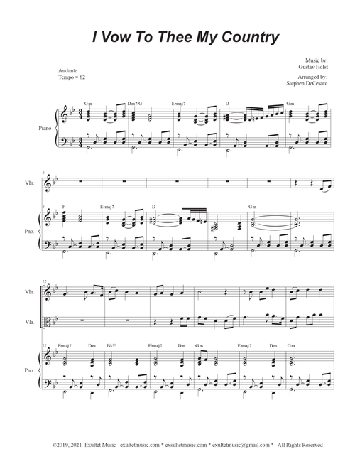 I Vow To Thee My Country (Duet for Violin and Viola) (Arr. Stephen DeCesare) (Instrumental Duet and Piano)