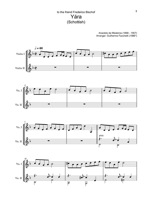 Anacleto de Medeiros - Yára. Arrangement for Violin Duet. Complete Score and Parts (Arr. Guilherme Facchetti) (Violin Duet)