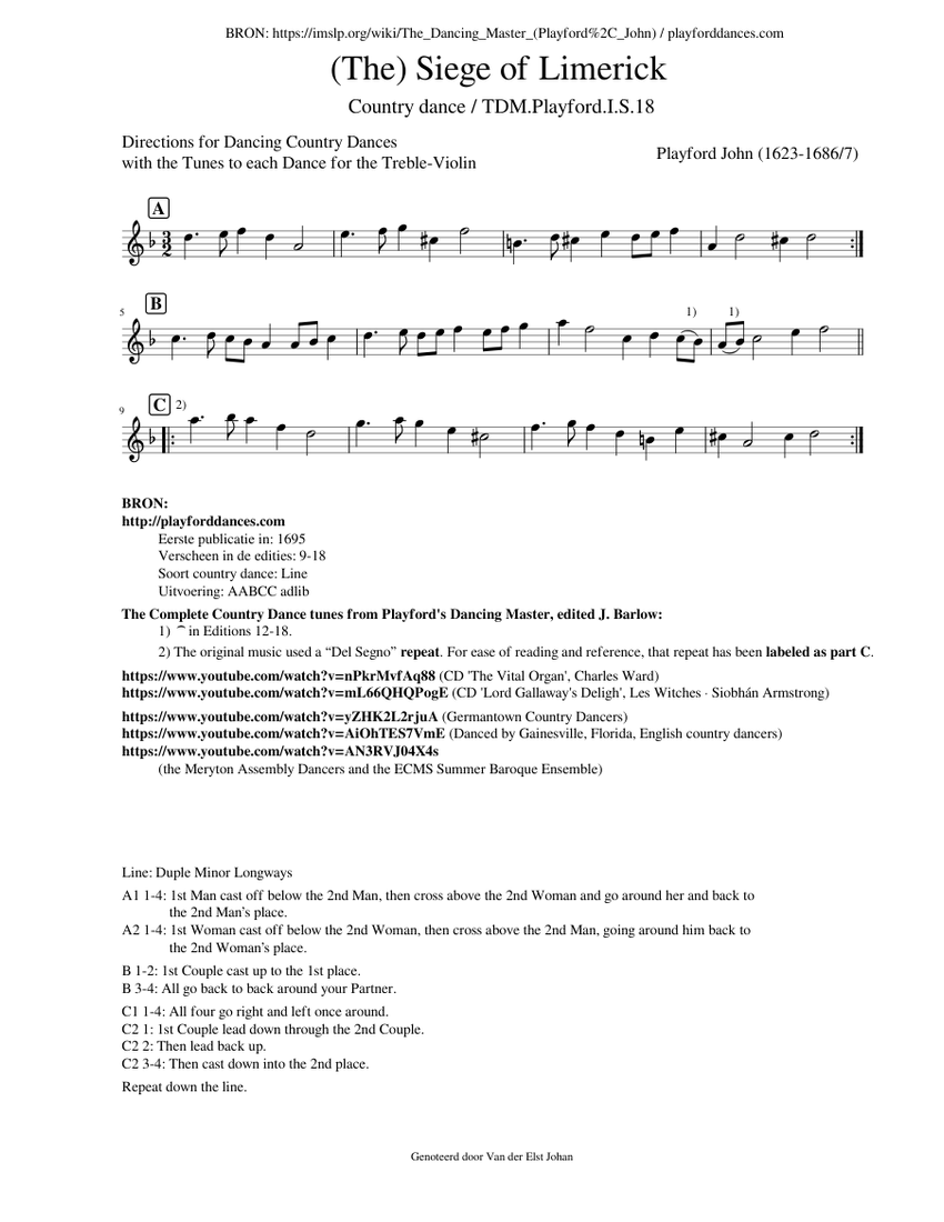 (The) Siege of Limerick (TDM.Playford.I.S.18) Sheet music for Violin