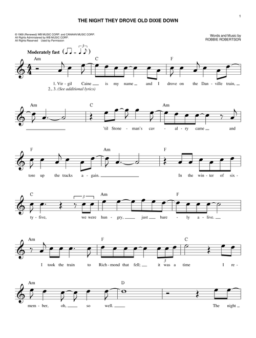 The Night They Drove Old Dixie Down - The Band, Joan Baez (Easy Lead Sheet - Fake Book)