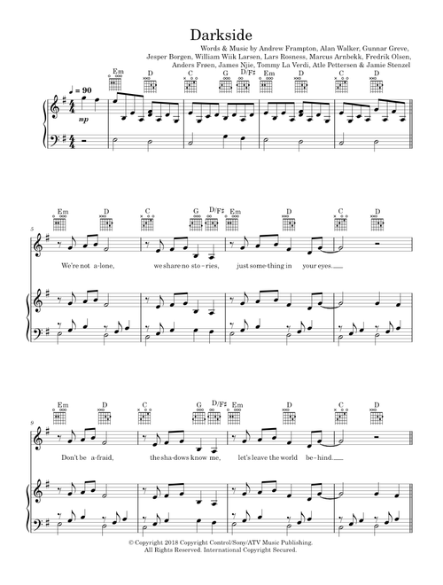 Darkside (featuring Au/Ra and Tomine Harket) - Alan Walker, Au/Ra, Tomine Harket (Piano-Vocal-Guitar (Piano Accompaniment))