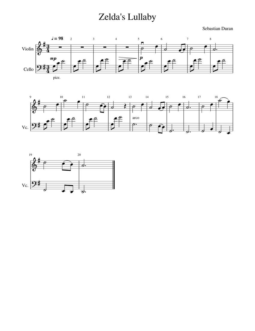 Zelda's Lullaby Sheet Music for Violin, Cello (String Duet) | MuseScore.com