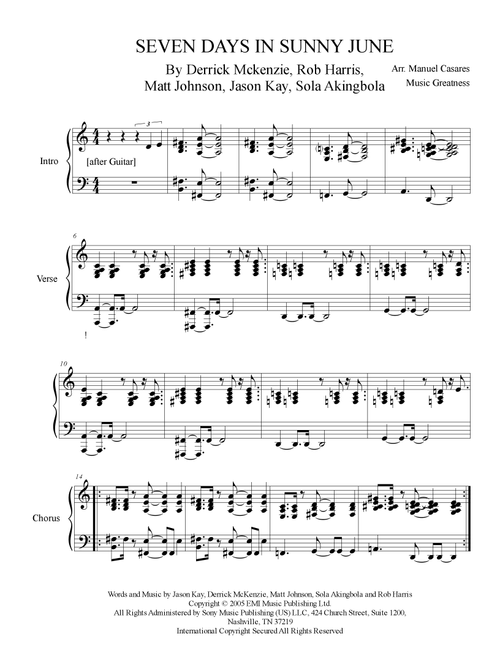 7 Sunny Days In June (seven Days In Sunny June) (Arr. Music Greatness) - Jamiroquai (Piano Solo)