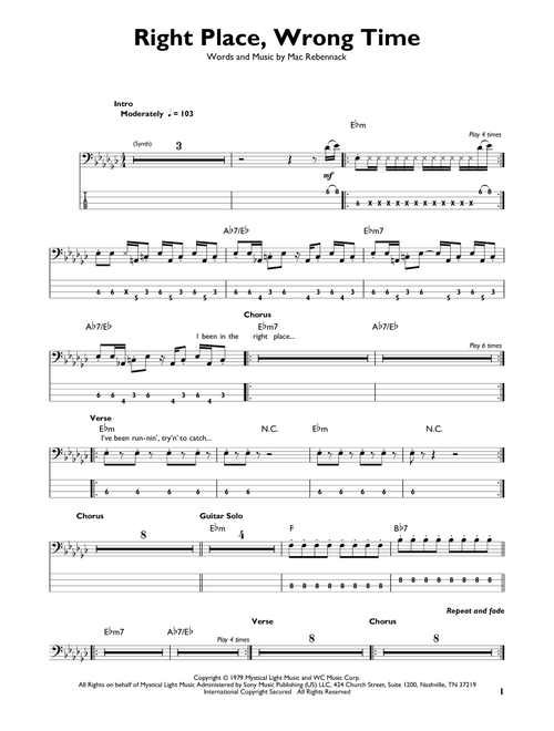 Right Place, Wrong Time - Dr John (Easy Bass Tab)