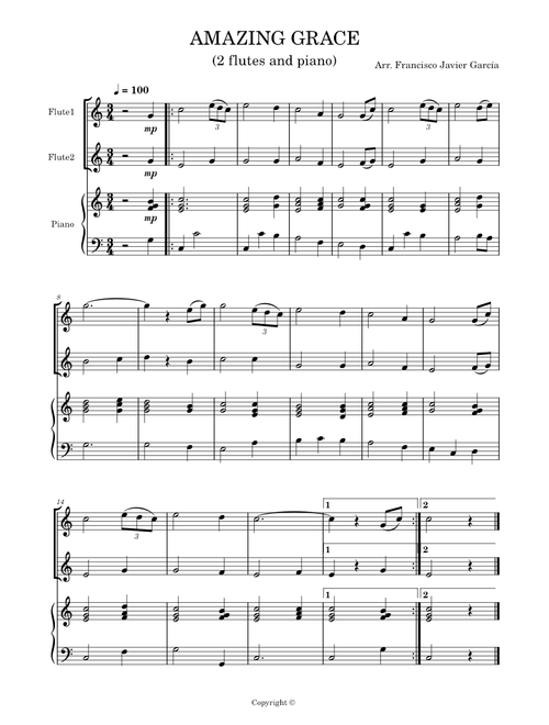 Amazing grace – Misc Praise Songs Amazing Grace - Two flutes and piano