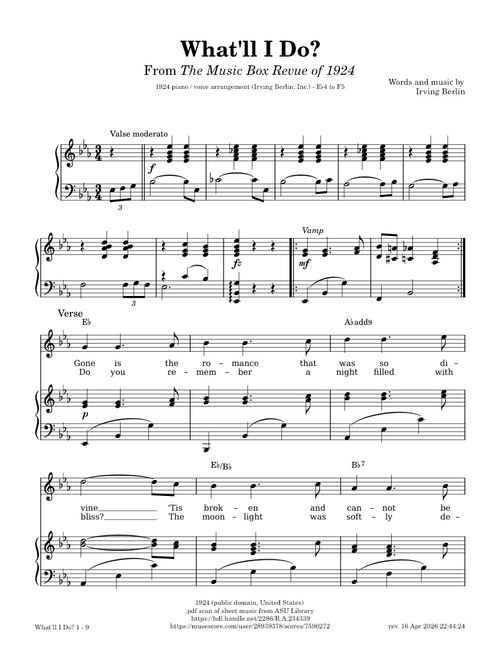 What'll I Do - Irving Berlin [1924 piano / voice sheet music arr. + 3/4 & 4/4 lead sheets]