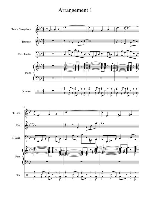 Tenor sax, trumpet, Bass guitar, piano, drums Latin Autumn leaves