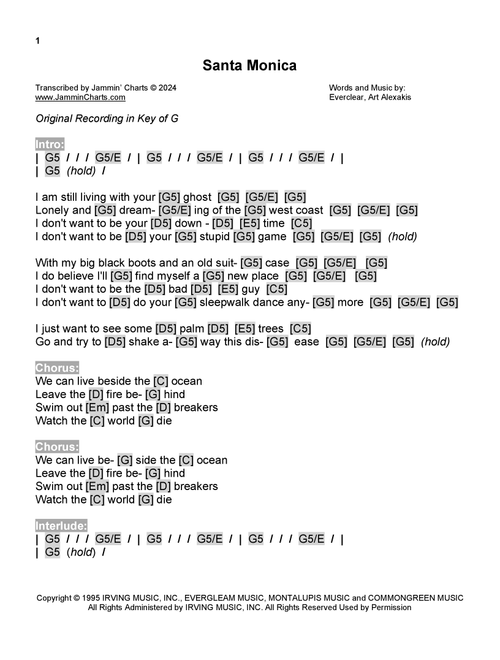 Santa Monica (Arr. Jammin' Charts) - Everclear (Guitar Chords-Lyrics)