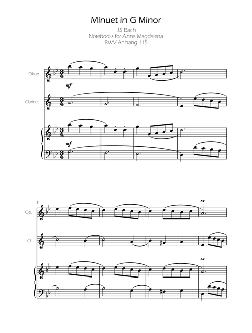 Minuet in G minor BWV Anh. 115 - Bach - Clarinet and Oboe (Arr. Ygor Nunes) - Johann Sebastian Bach (Instrumental Duet and Piano)