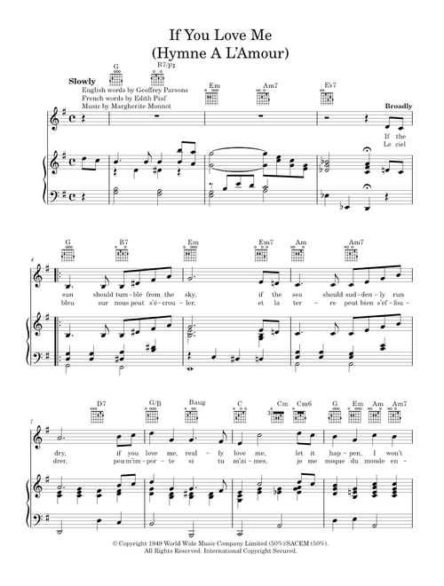 If You Love Me (I Won't Care) (Hymne A L'amour) - Edith Piaf, Mack David (Piano-Vocal-Guitar (Piano Accompaniment))