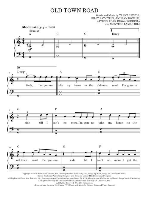 Old Town Road (Remix) - Lil Nas X feat. Billy Ray Cyrus (Easy Piano)