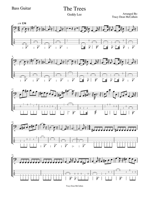 The Trees (Arr. Tracy Dean McCallum) - Rush (Bass Tab)