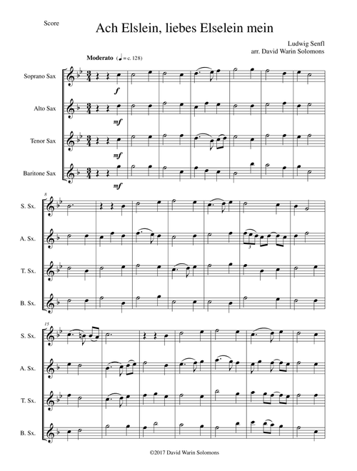 Ach Elslein, liebes Elselein mein for saxophone quartet (Arr. David Warin Solomons) - Ludwig Senfl (Woodwind Ensemble)
