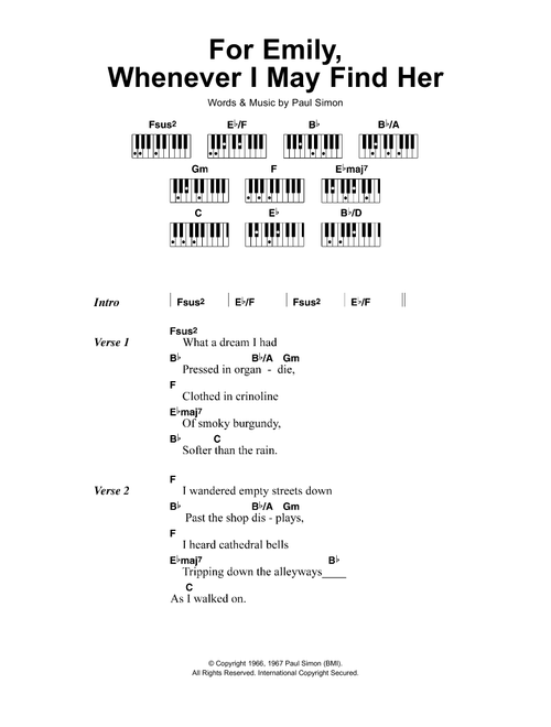 For Emily, Whenever I May Find Her - Simon & Garfunkel (Piano Chords-Lyrics)