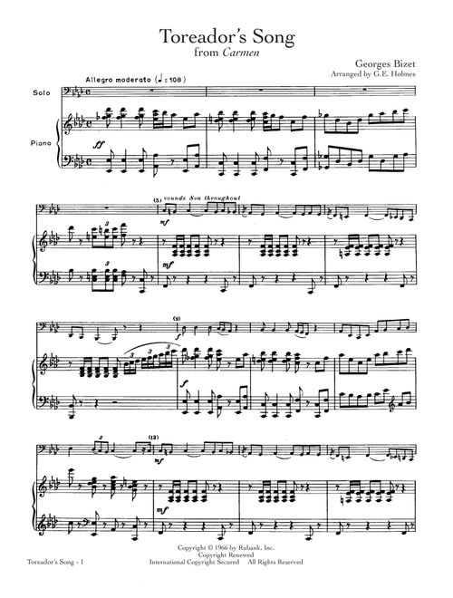 Toreador's Song (Arr. G. E. Holmes (arr.)) (Ed. H. Voxman) - Georges Bizet (Trombone-Baritone B.C. and Piano)