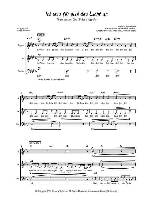 Ich Lass Fur Dich Das Licht An (Arr. André Wenauer) - Revolverheld (Choral, SAB)