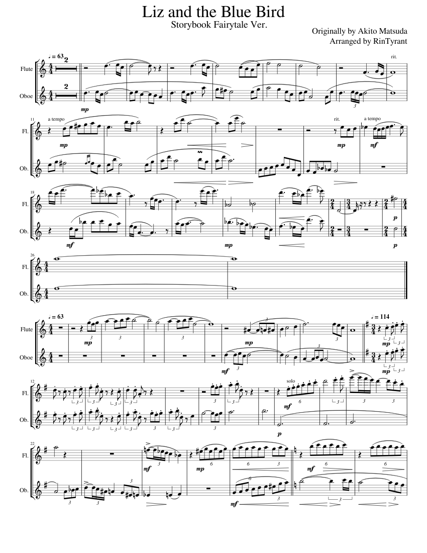 Liz and the Blue Bird Fairytale Ver. for flute and oboe Sheet Music for ...
