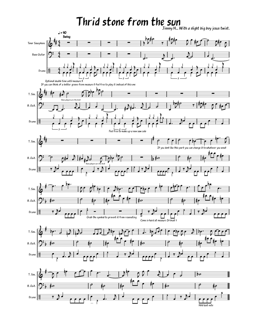 Thrid stone from the sun Sheet Music for Saxophone tenor, Bass