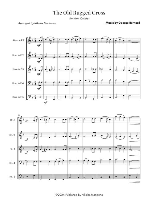 The Old Rugged Cross for Horn Quintet (Score and parts) (Arr. Nikolas Marianno) - George Bernnard (Brass Ensemble)